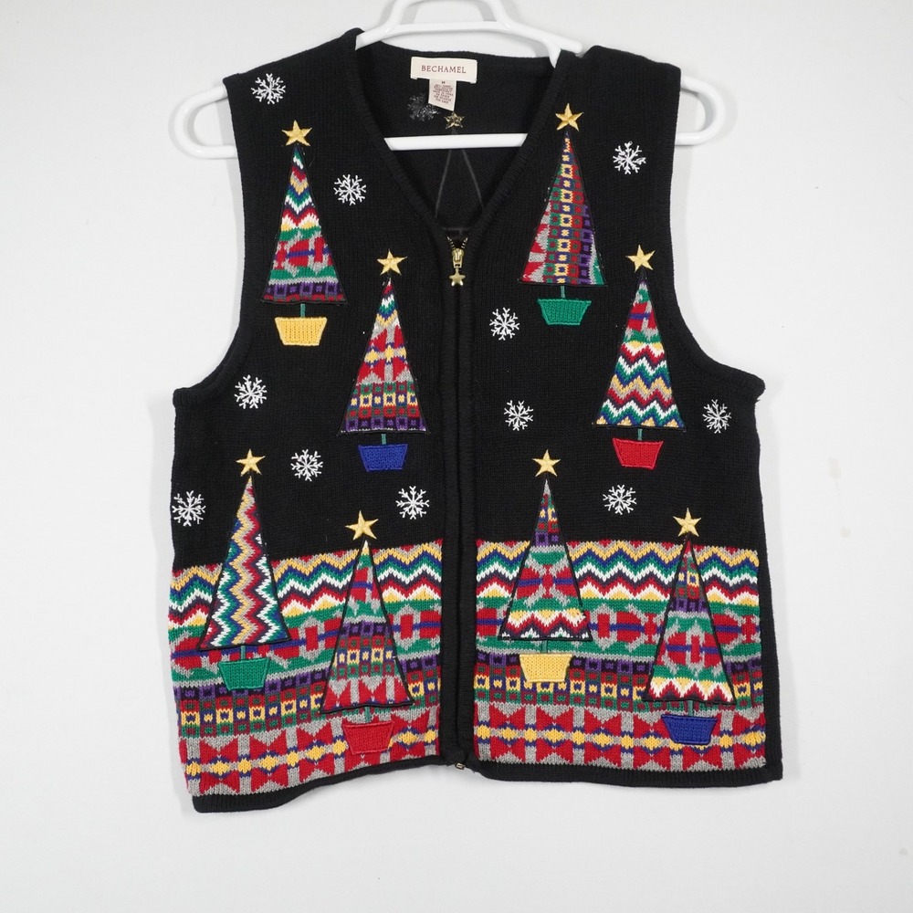 VTG Bechamel Sweater Vest Women M Black Christmas Tree Zip Up Holiday Festive